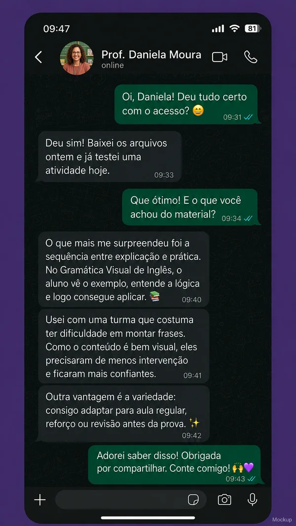 Depoimento em conversa no WhatsApp sobre Inglês para o Dia a Dia